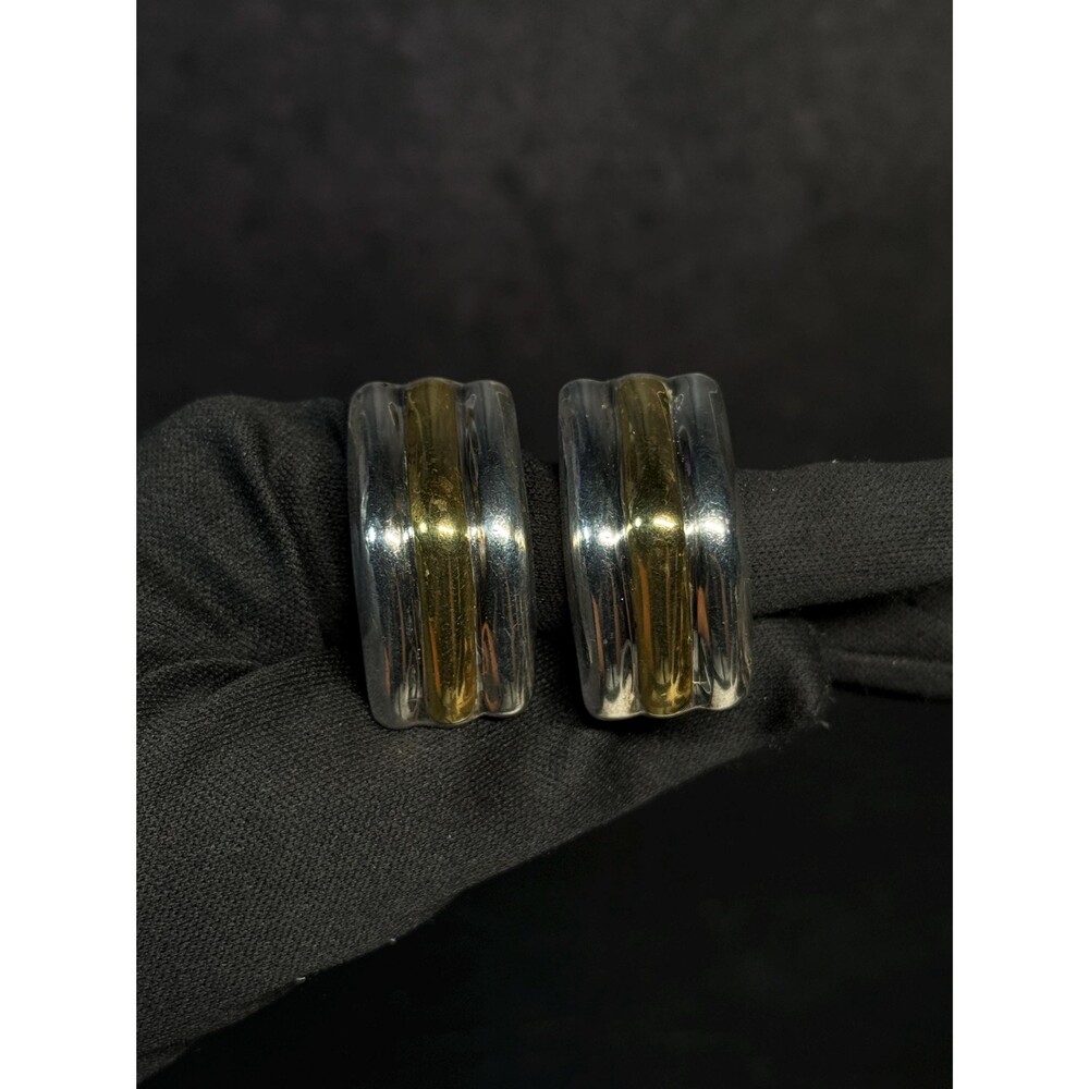 Taxco LATON Sterling Silver Two Tone Angled Clip On Earrings Mexico